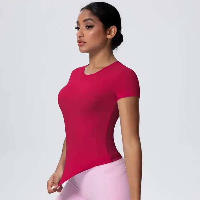 Femme couleur unie haut d'entraînement T-Shirt séchage rapide respirant à manches courtes sport de gymnastique course
