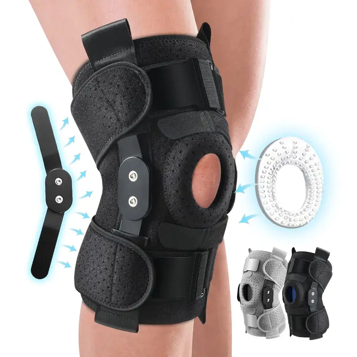 Genouillère articulée avec stabilisateurs latéraux et coussinets de Gel rotulien, douleur au genou pour hommes et femmes, déchirure du ménisque, récupération des blessures Acl Mcl