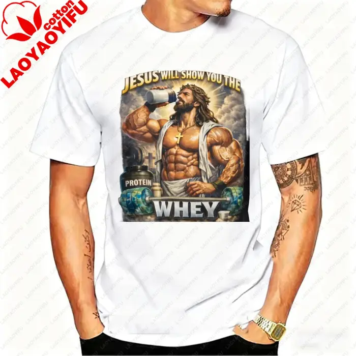Holding Protein Shake Tee Jesus Will Show You The Whey' Muscle Christian Workout Col rond Style décontracté Manches