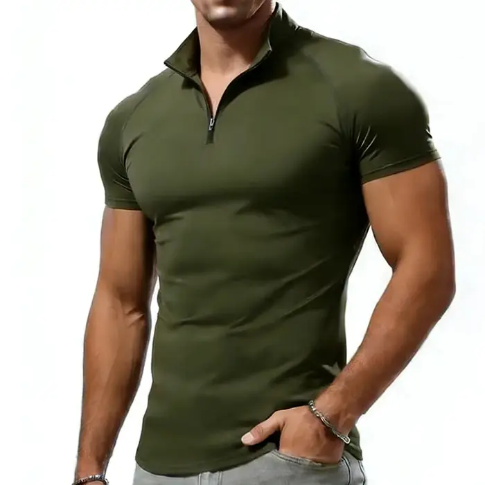 T-shirt de compression pour homme, col zippé, été, hauts décontractés, fitness, gym, coupe ajustée,
