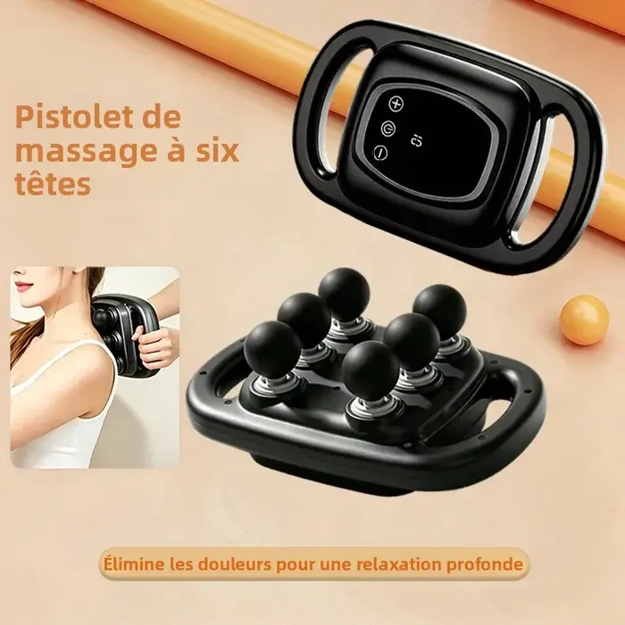 Pistolet de massage fascia haute puissance à 6 têtes, relaxant musculaire fitness, appareil de massage des tissus profonds pour soulager la fatigue corporelle complète