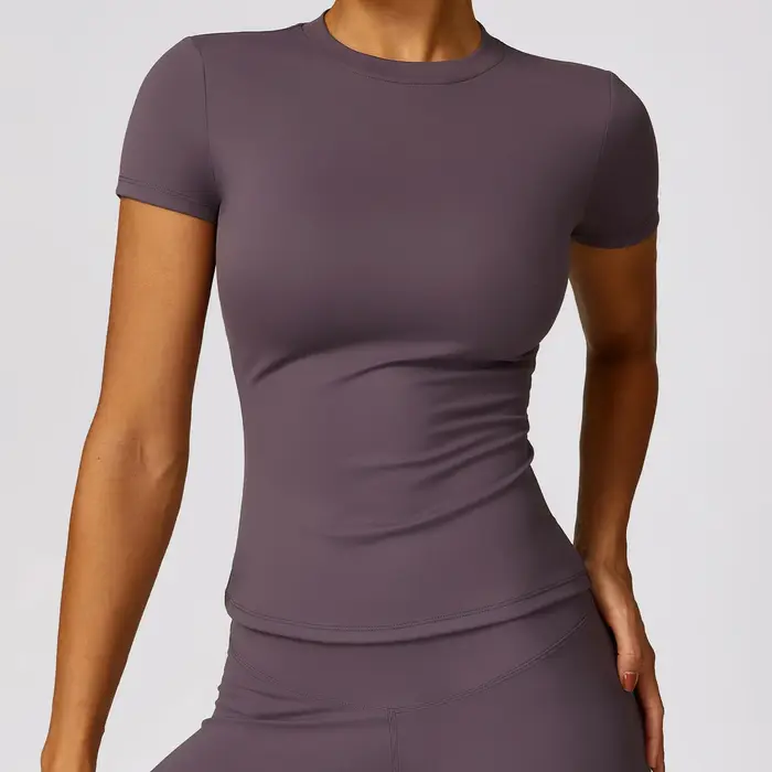 NCLAGEN femmes course sport t-shirt été à manches courtes col rond respirant extensible GYM Yoga mince Fitness haut