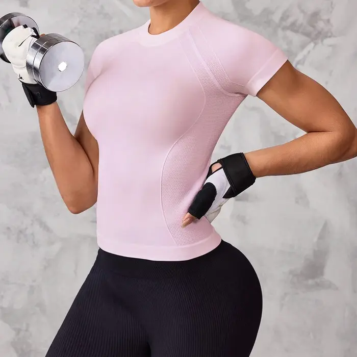 Haut de sport à manches courtes pour femmes, tissu respirant et à séchage rapide, adapté à la course
