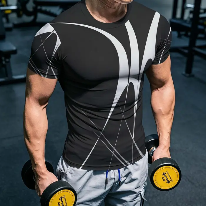 T-shirt de sport pour homme, extensible, anti-transpiration, à manches courtes, avec rayures croisée