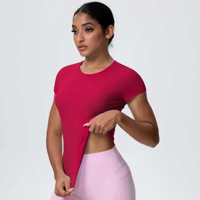 Femme couleur unie haut d'entraînement T-Shirt séchage rapide respirant à manches courtes sport de gymnastique course