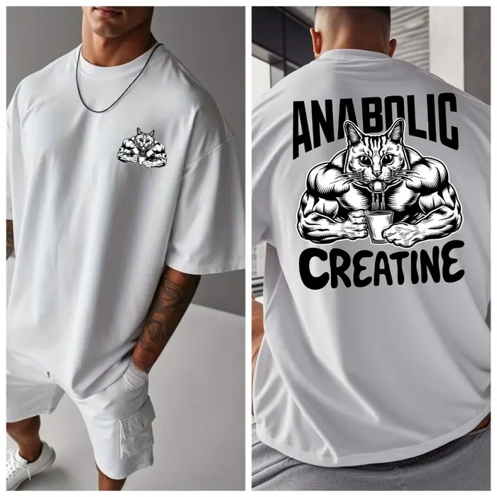 T-shirt de sport décontracté en coton pour homme, motif chat musclé, créatine anabolisante, coupe ov