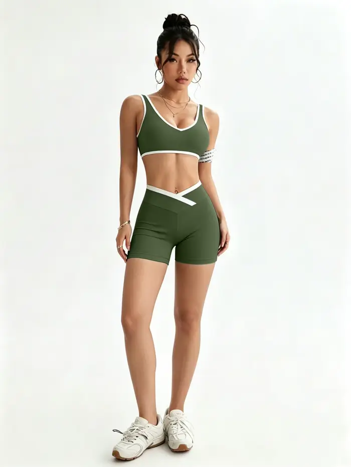 Ensemble de sport pour femme : short taille haute croisée et débardeur moulant dos nu contrastant