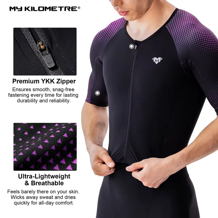 Combinaison de triathlon homme séchage rapide légère à manches courtes noire et violette une pièce pour cyclisme course natation TriSuit MY KILOMETRE