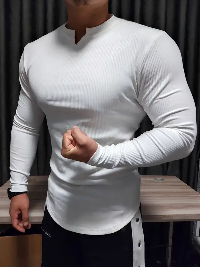 T-shirt de sport à manches longues pour homme, style rétro, col en V, pour la maison et l'extérieur, collection printemps-été, vêtement ajusté pour la gym