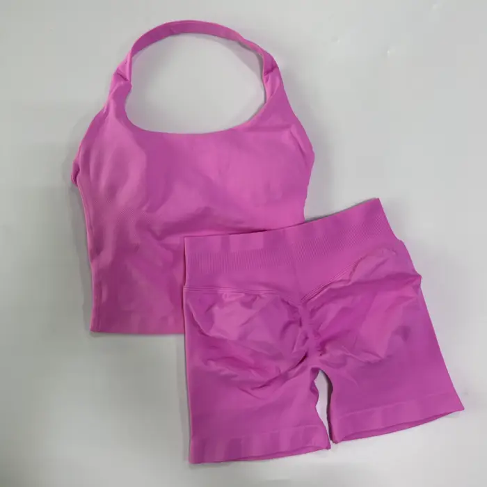 Ensemble de sport 2 pièces sans logo pour femme : haut dos nu à licou et short taille haute sans cou