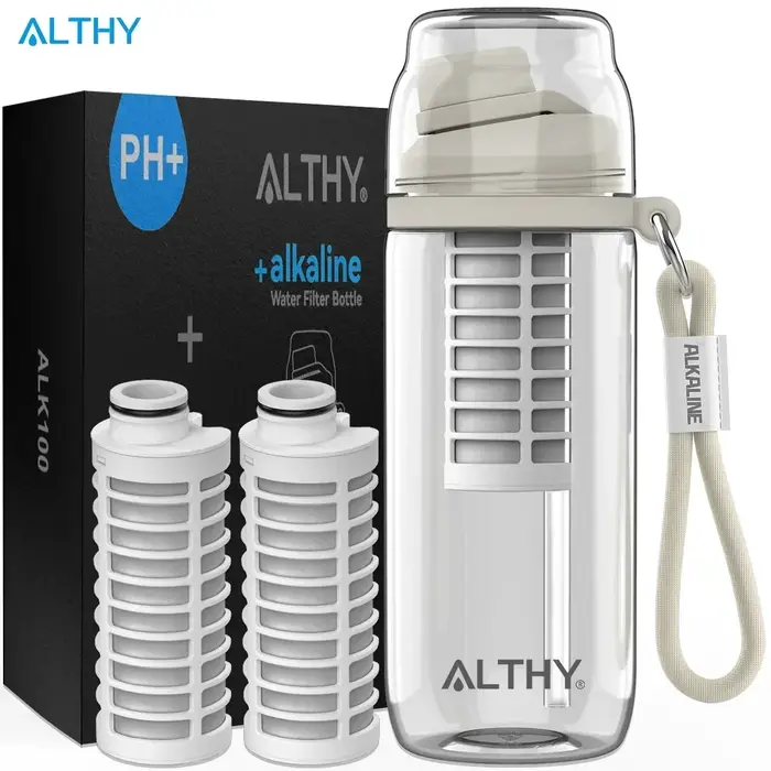ALTHY Bouteille de filtre à eau alcaline, jusqu'à PH 9.5, minéraux et électrolytes ajoutés, système 
