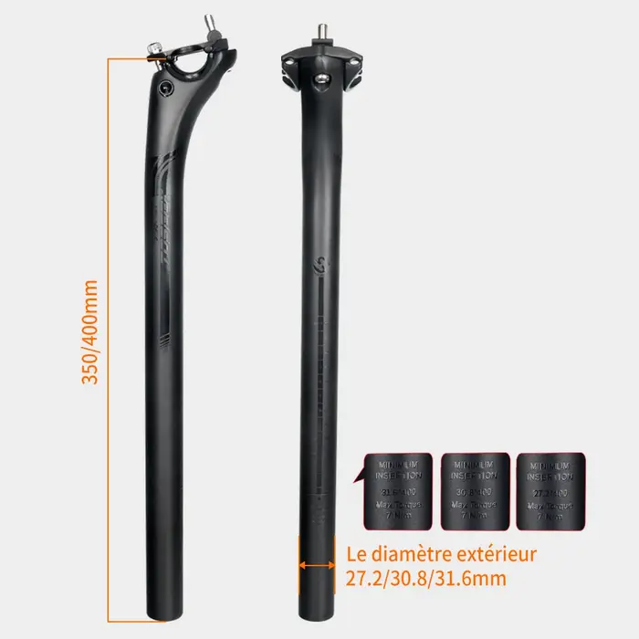 TOSEEK tige de selle en carbone 27.2 31.6mm longueur 400mm noir mat vtt