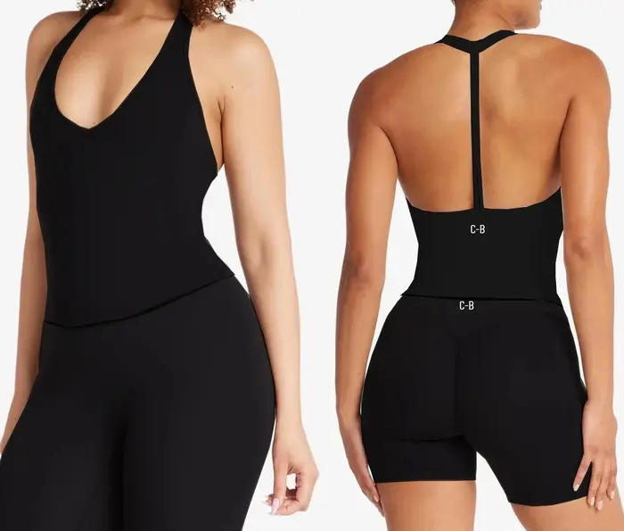 C-B Débardeur de yoga dos nu effet seconde peau pour femme / Short taille haute effet push-up, doux pour la peau, pour la gym, le Pilates et l'entraînement