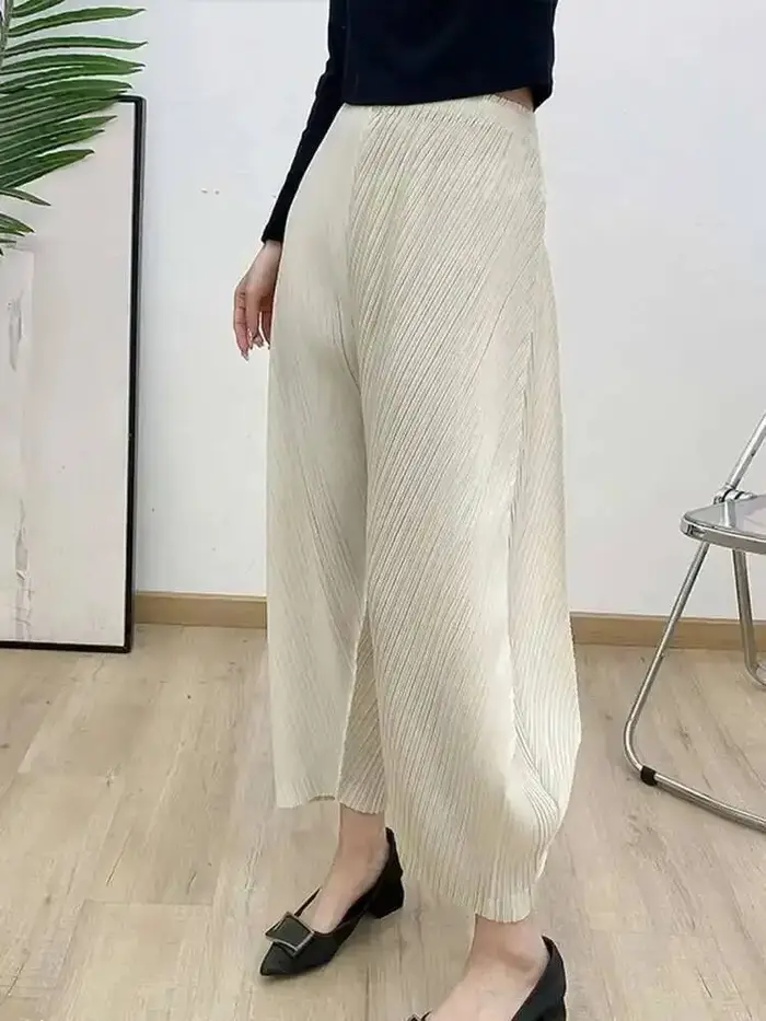 LANMREM-Pantalon sarouel plissé pour femme, tenue élégante et décontractée, couleur unie, nouvelle c