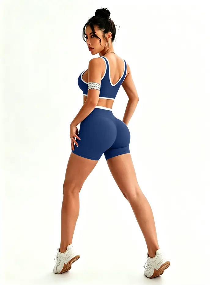 Ensemble de sport pour femme : short taille haute croisée et débardeur moulant dos nu contrastant