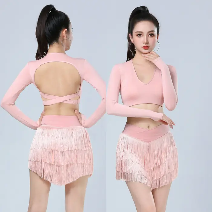 Vêtements de danse latine pour femmes, hauts à manches longues, dos nu, jupe à franges, Cha Cha Rumb