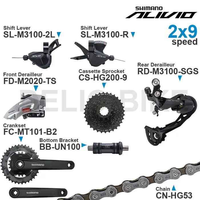 WinterMANO-Groupe ALIVIO M3100 2x9 vitesses avec manette de vitesse arrière et dérailleur avant M202