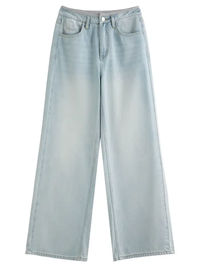 DUSHU jean de couleur claire été 2025 nouveau Style à la mode tout-match taille haute rayé couture p