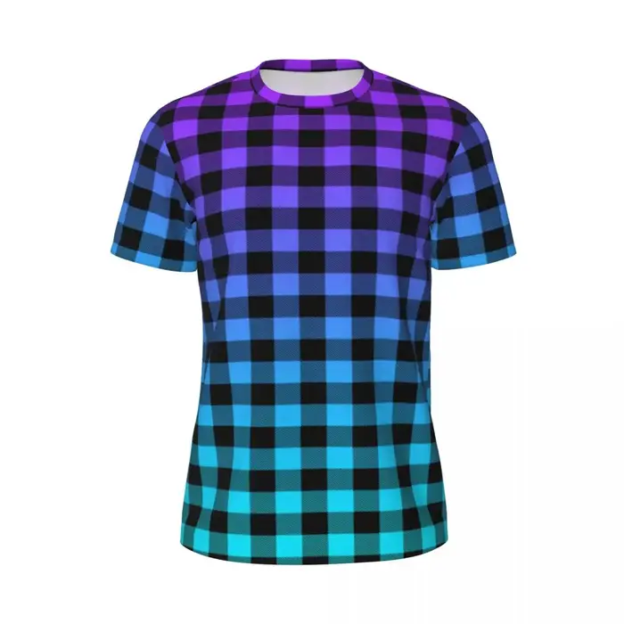 T-shirt de sport à carreaux pour hommes, t-shirts d'été à col rond, motif Streetwear, bleu, violet, 
