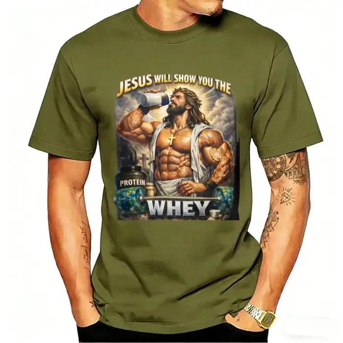 Holding Protein Shake Tee Jesus Will Show You The Whey' Muscle Christian Workout Col rond Style décontracté Manches