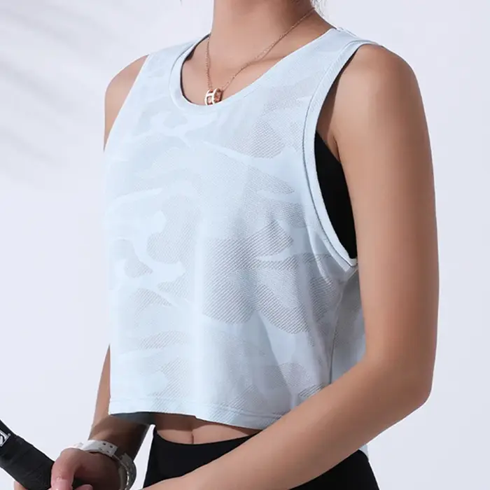 Femmes Camouflage course gilet Fitness haut court sans manches maille Yoga chemises respirant entraînement débardeurs