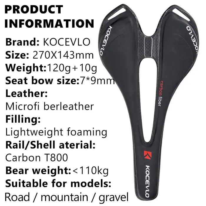 KOCEVLO Carbone Selle T800 Carbonfiber + En Fiber De Cuir Ultra Léger Vélo De Route VTT Selle Siège