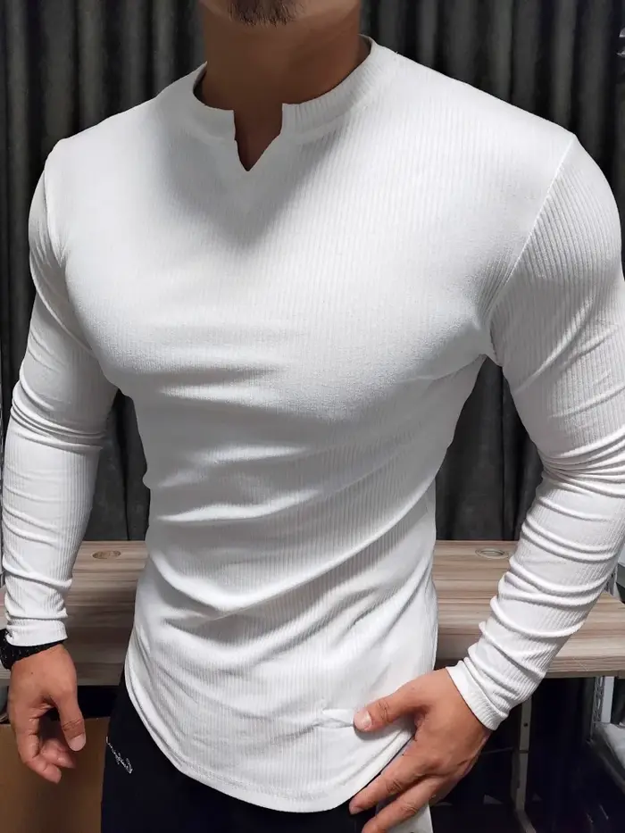 T-shirt de sport à manches longues pour homme, style rétro, col en V, pour la maison et l'extérieur, collection printemps-été, vêtement ajusté pour la gym
