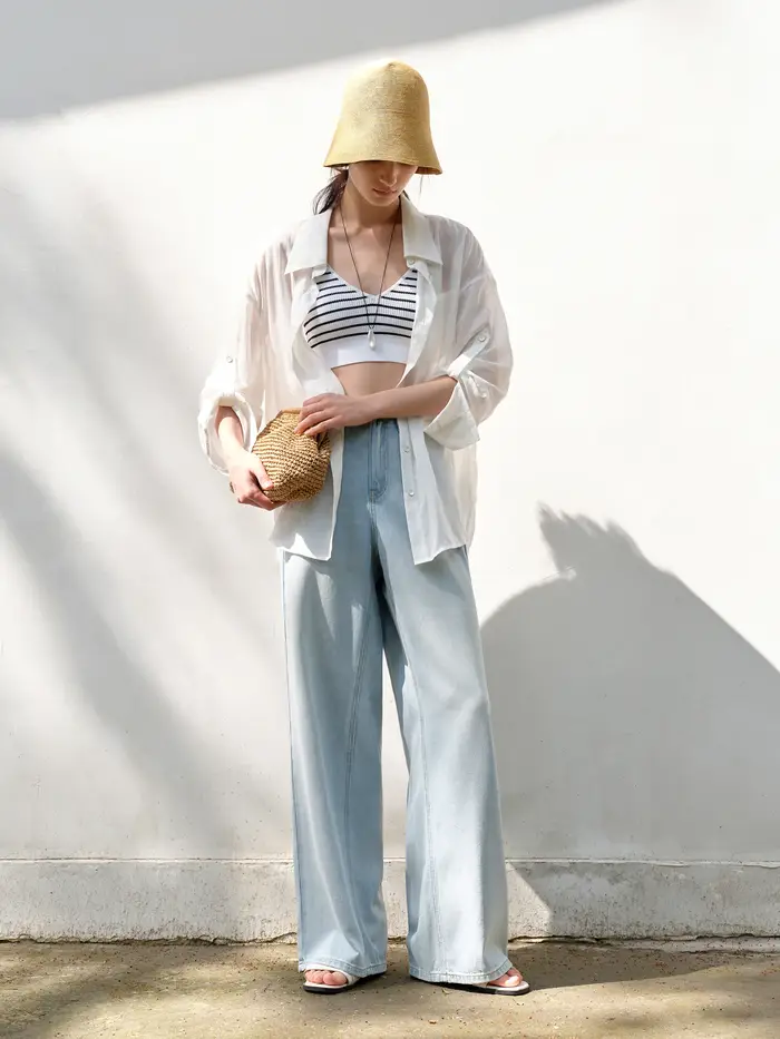 DUSHU jean de couleur claire été 2025 nouveau Style à la mode tout-match taille haute rayé couture p
