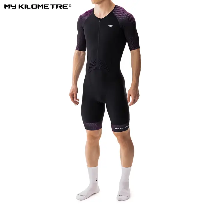 Combinaison de triathlon homme séchage rapide légère à manches courtes noire et violette une pièce pour cyclisme course natation TriSuit MY KILOMETRE