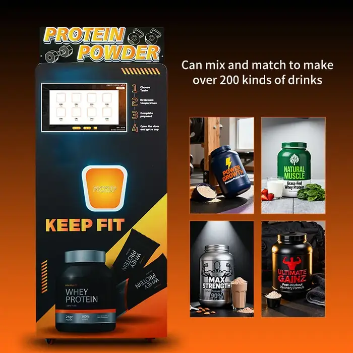 Distributeur automatique de protéines de luxe personnalisé, avec shaker intégré pour la préparation de shakes protéinés