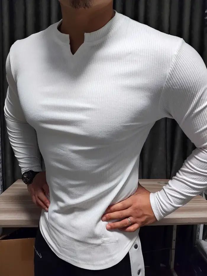 T-shirt de sport à manches longues pour homme, style rétro, col en V, pour la maison et l'extérieur, collection printemps-été, vêtement ajusté pour la gym