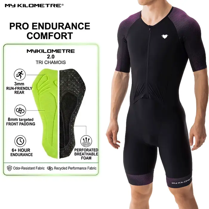 Combinaison de triathlon homme séchage rapide légère à manches courtes noire et violette une pièce p