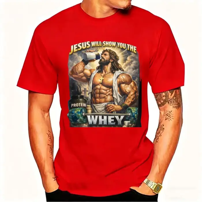 Holding Protein Shake Tee Jesus Will Show You The Whey' Muscle Christian Workout Col rond Style décontracté Manches