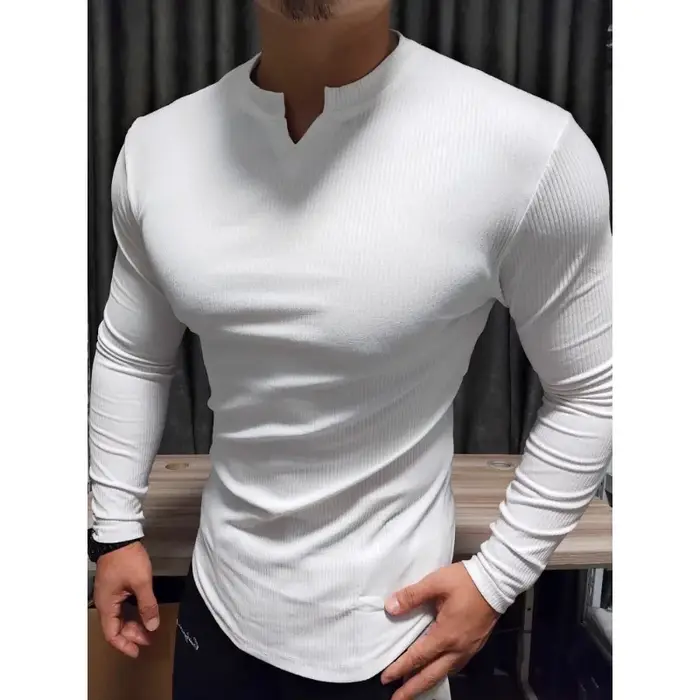 T-shirt de sport à manches longues pour homme, style rétro, col en V, pour la maison et l'extérieur, collection printemps-été, vêtement ajusté pour la gym
