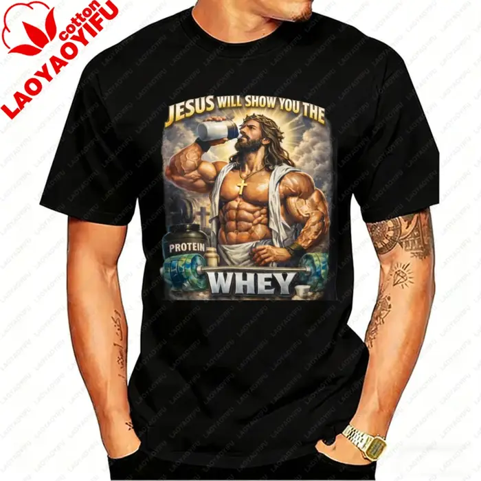 Holding Protein Shake Tee Jesus Will Show You The Whey' Muscle Christian Workout Col rond Style déco
