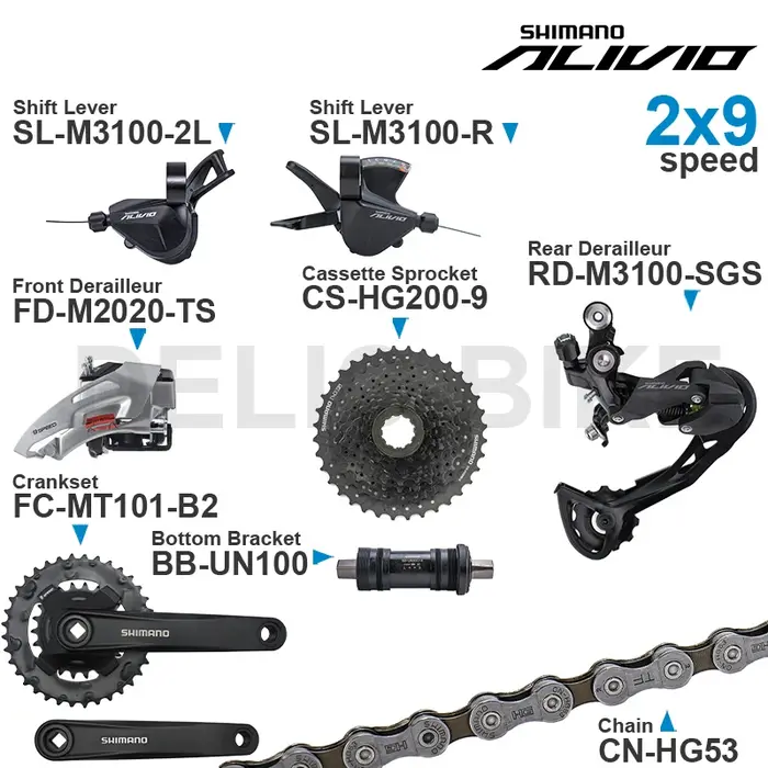WinterMANO-Groupe ALIVIO M3100 2x9 vitesses avec manette de vitesse arrière et dérailleur avant M202