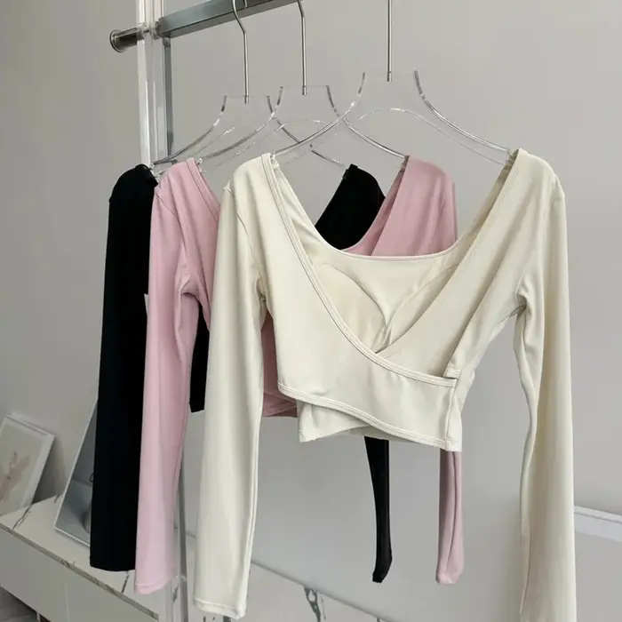 Costume de Yoga pour femmes, haut de sport croisé dans le dos avec coussin de poitrine, T-Shirt à ma