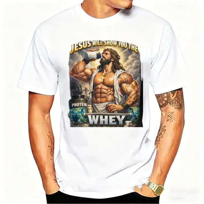 Holding Protein Shake Tee Jesus Will Show You The Whey' Muscle Christian Workout Col rond Style décontracté Manches