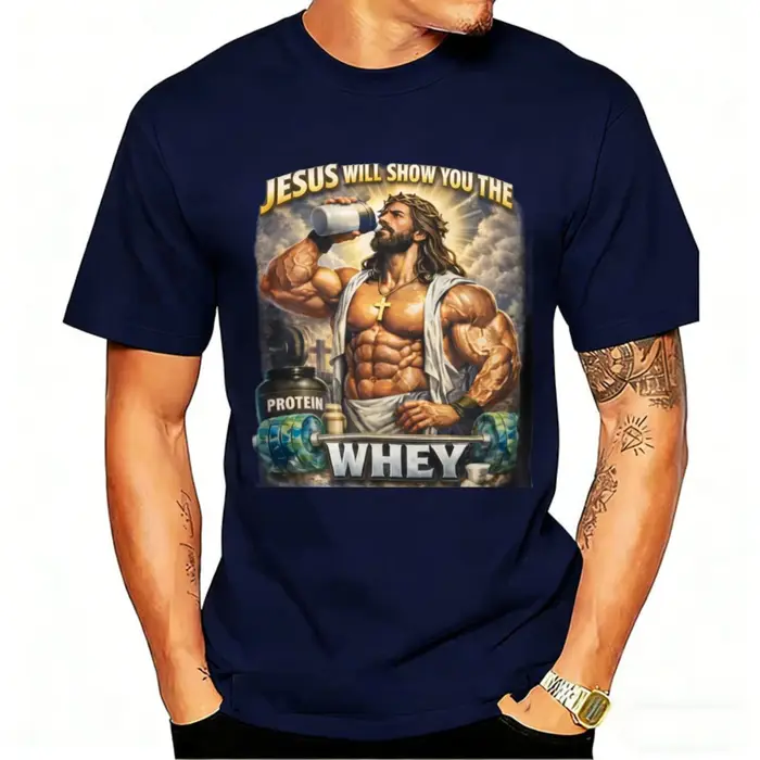 Holding Protein Shake Tee Jesus Will Show You The Whey' Muscle Christian Workout Col rond Style décontracté Manches
