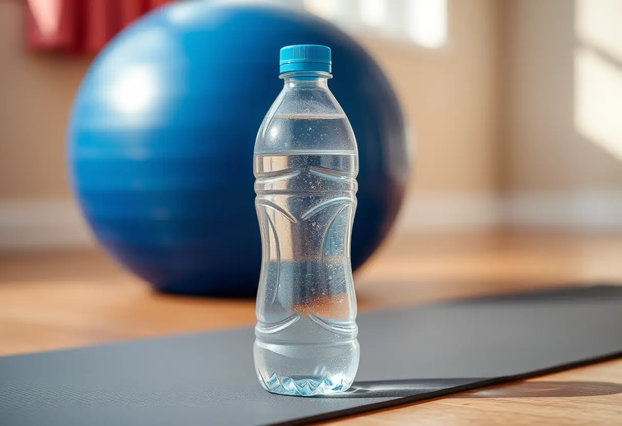 Bouteille d'eau sur un tapis de gymnastique