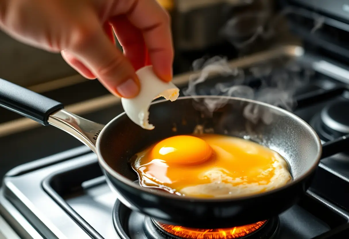 Une main cassant un oeuf dans une poêle chaude, fumée s'élevant, préparation du petit-déjeuner