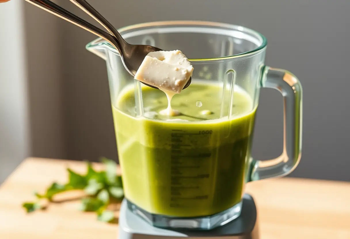 Une cuillère pleine de fromage blanc ajoutée à un smoothie vert dans un blender
