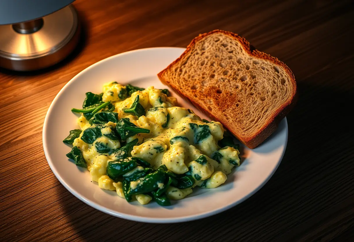 Un petit-déjeuner équilibré avec des œufs, des épinards et du pain complet