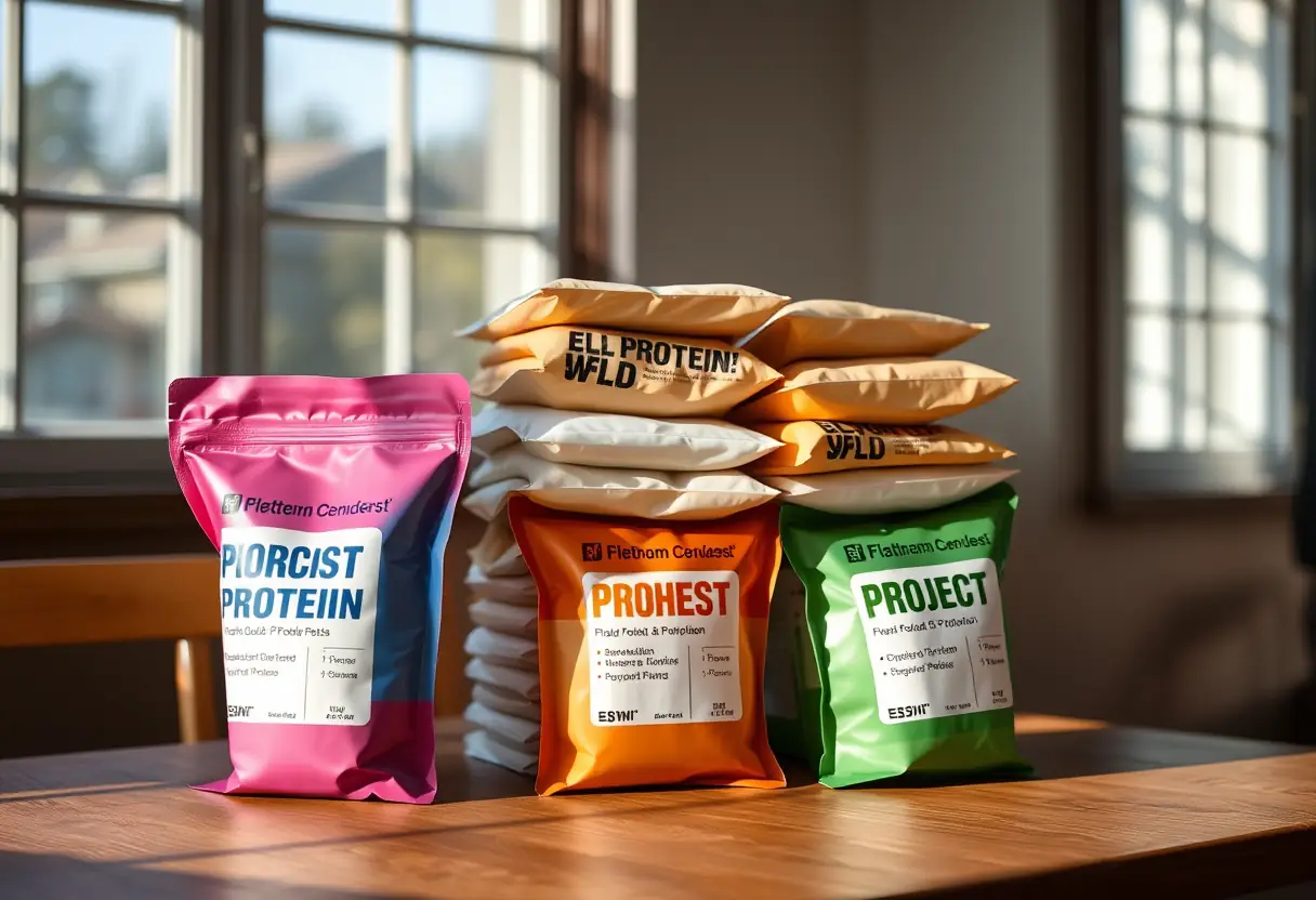 Des sacs de poudres protéiques colorés sur une table en bois