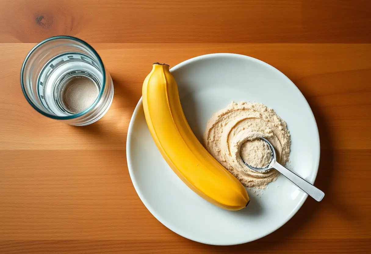 Banane coupée avec une poudre de protéines de banane prête à être mélangée