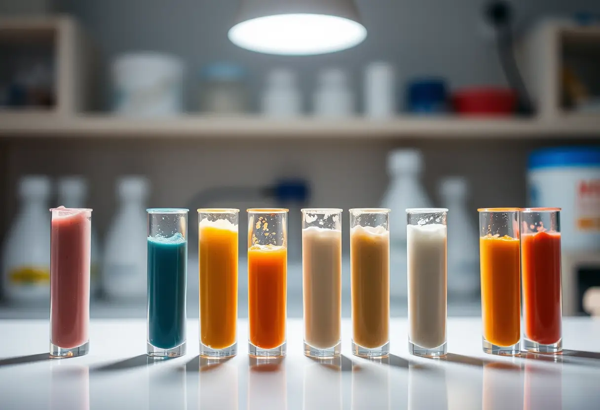 Des tubes à essai remplis d'échantillons de protéines de lactosérum de différentes couleurs dans un laboratoire