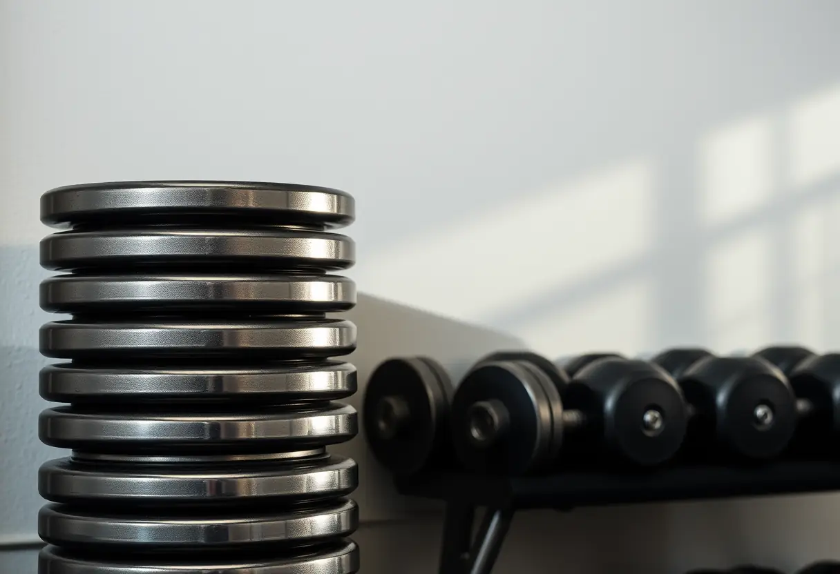 Un coin de gymnase avec des haltères et des disques de poids