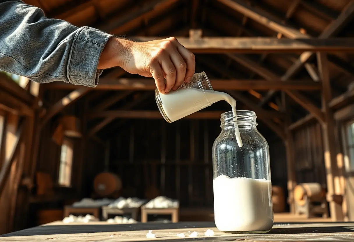 Main d'un fermier versant du skyr protéiné dans un bocal, ambiance campagne rustique