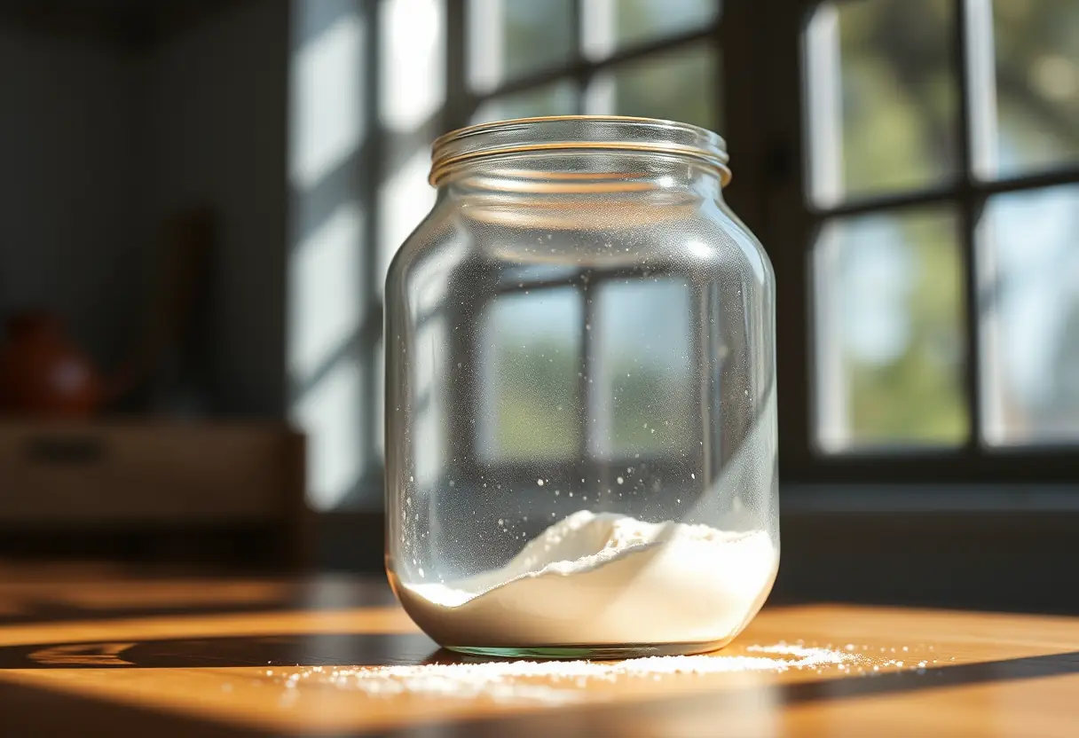 Pot de poudre de protéines posé sur une table en bois