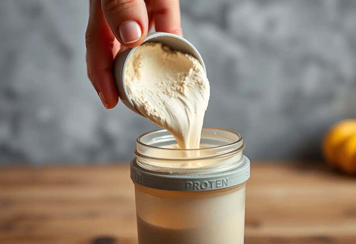 Une main versant un sachet de protéines de lactosérum dans un shaker